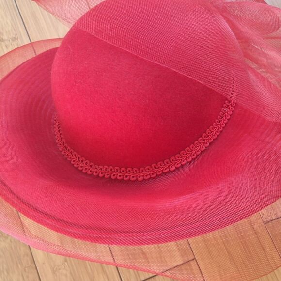 Vintage Wool RED Fascinator Hat Organza Kentucky Derby Church Bridal Tea Wedding - Picture 3 of 14